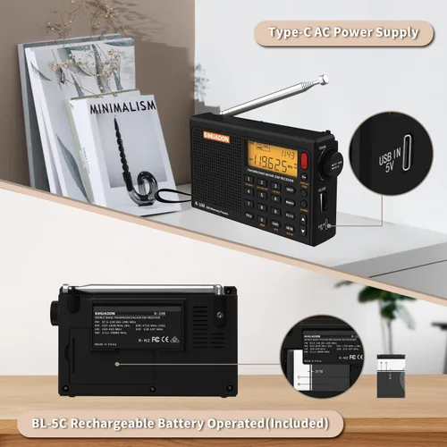 Vista 5 de XHDATA R108 Radio Portátil AM/FM/SW/LW/Airband Receptor de Onda Corta Radio Operado por Batería con Buena Recepción, Excelente Sonido Altavoz