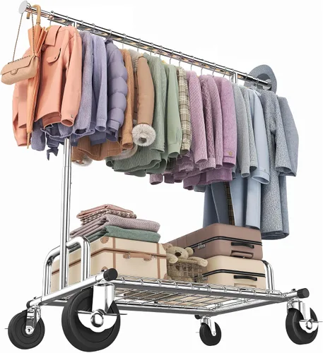 Vista 9 de HOKEEPER Perchero de ropa resistente con carga de 525 libras, perchero ajustable de 75 pulgadas de ancho, perchero para colgar ropa con ruedas