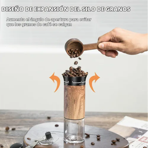 Vista 5 de Molinillo de café manual con 56 ajustes precisos de molienda externamente ajustable, mango largo plegable, cuerpo de grano de madera y rebabas