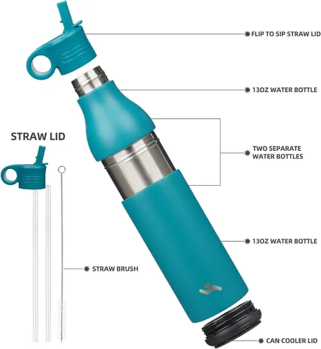 Vista 3 de Konokyo Botella de agua de acero inoxidable de 13 onzas con pajilla, aislada, botella de viaje de metal reutilizable con parte inferior extraíble