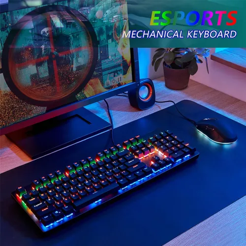 Vista 2 de Combo de teclado mecánico y mouse, teclado con cable RGB retroiluminado de 104 teclas para juegos y mouse con cable de 7 botones 4800 DPI para PC