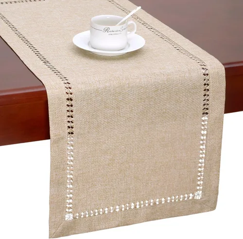 Vista 7 de Grelucgo - Camino de mesa o bufanda para aparador con dobladillo hecho a mano, color beige, rectangular de 14 por 36 pulgadas