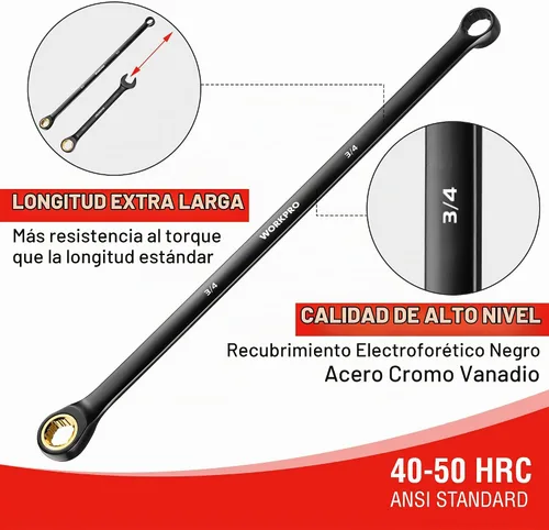 Vista 4 de WORKPRO - Juego de llaves de trinquete extralargas, 9 piezas, antideslizantes, doble extremo de caja, SAE 5/16-3/4 pulgadas, 72 dientes, llaves