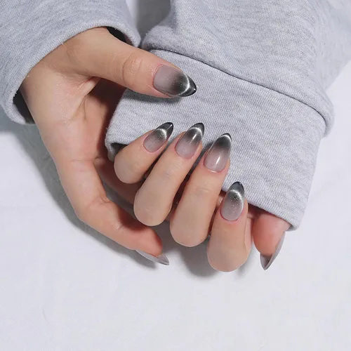 Vista 17 de Uñas postizas rojas de tamaño mediano en forma de almendra, uñas acrílicas brillantes con diseño de purpurina, uñas artificiales de cobertura a001