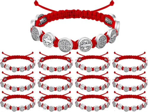 Vista 9 de Paquete de 12/6 piezas Pulseras de San Benito Protección hechas a mano con cordón rojo y negro, pulseras de muñeca Benedict ajustables, medalla