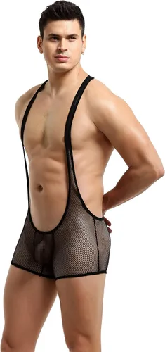 Vista 3 de Body tipo bóxer de malla para hombre, ropa interior para lucha libre Negro