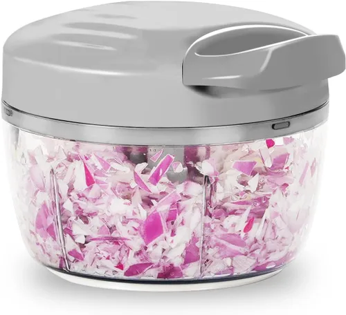 Vista 7 de Procesador manual de alimentos y picador de verduras, color verde, 2.3 tazas, mini picador de cocina para cebolla, ajo, verduras con 3 cuchillas
