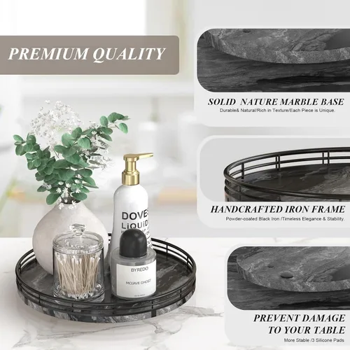 Vista 7 de Marble Lazy Susan - Tocadiscos para mesa, bandeja redonda de mármol de grano de madera antigua de 10 pulgadas para mesa de comedor, encimera de Negro
