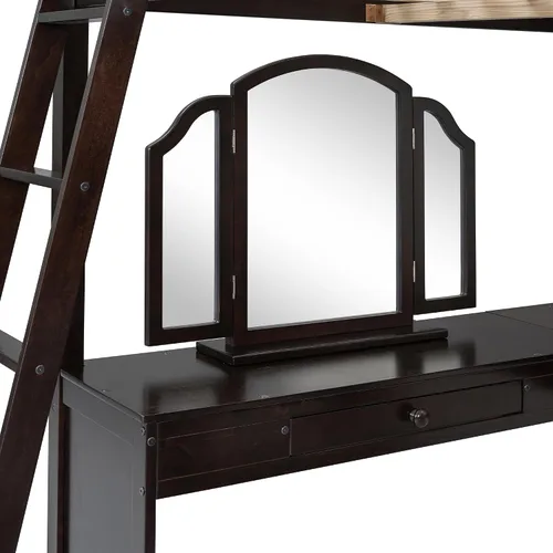 Vista 7 de Cama loft de madera tamaño matrimonial con escritorio en forma de U y espejo de tres pliegues, base de cama tipo loft multifunción con Espresso-10.16