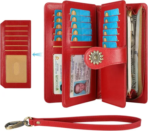 Vista 2 de Lavemi Carteras de cuero genuino de gran capacidad con bloqueo RFID para mujer, tarjetero con correa para la muñeca