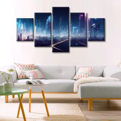 Vista 39 de Cuadros de 5 paneles de Cyberpunk City, arte de pared, representación de vallas publicitarias, edificios modernos en la capital con obras de arte