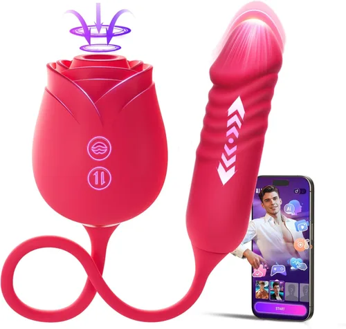 Vista 15 de Consolador vibrador juguetes sexuales para mujeres, juguete sexual MOOLIGIRL Rose con vibradores de punto G de empuje y 10 modos de succión