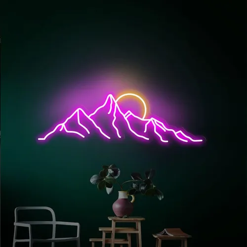 Vista 6 de Letrero de neón LED con diseño de montaña y puesta de sol de 18 pulgadas, letrero de neón con diseño de montaña y amanecer, regalos para la oficina