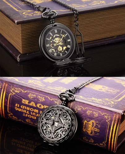 Vista 3 de ManChDa Reloj de bolsillo mecánico vintage negro con cadena para hombres + caja