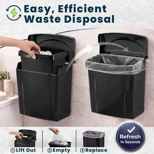 Vista 7 de Alpine - Recipiente para servilleta sanitaria, contenedor de eliminación de higiene femenina, cubo de basura montado en la pared con sello de Negro