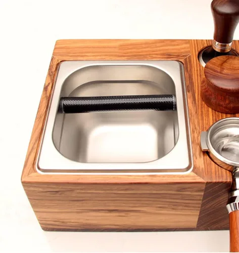 Vista 3 de Estación de tampón de café expreso, soporte para filtro de café, caja de golpeo de expreso, base de madera, cubo de café, gran alternativa