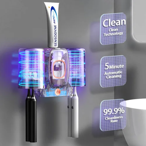 Vista 2 de Soportes para cepillo de dientes para baños, dispensador automático de pasta de dientes y soporte para cepillo de dientes ahorrador de espacio