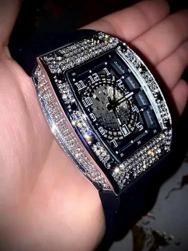 Vista 8 de Reloj de pulsera cuadrado de moda para hombre, con esfera rectangular numérica plateada, banda negra, de lujo, circonita cúbica, con diamantes