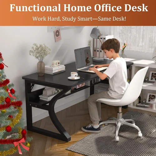 Vista 6 de Escritorio para computadora de 47 pulgadas, escritorio de oficina en casa con estante de almacenamiento, mesa de estudio resistente con marco
