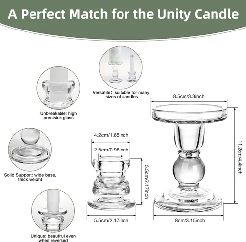 Vista 9 de Extrogif Unity - Juego de velas de boda, kit de ceremonia de 3 piezas con candelabros de cristal, pilar y velas cónicas para ceremonia de boda
