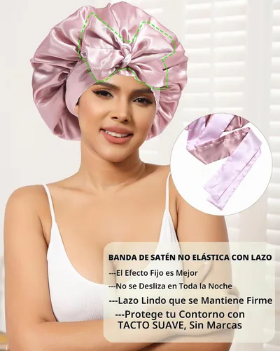Vista 5 de Gorras de satén de seda para mujeres, envoltura de cabello rizado para dormir, gorra reversible con banda de corbata, gorra de dormir de doble capa