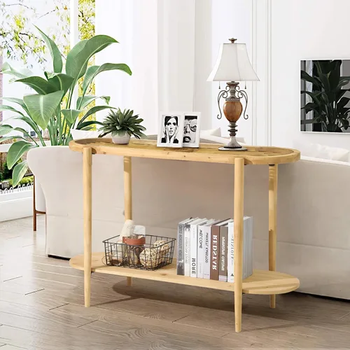 Vista 5 de RUSTOWN Mesa consola de ratán, mesa de entrada bohemia de 2 niveles con parte superior de vidrio templado y patas de madera, mesa de sofá moderna