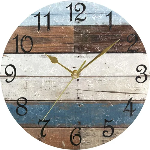 Vista 14 de Reloj de pared rústico retro con puerta de granero de madera, marrón, azul, funciona con pilas, silencioso, sin tictac, 10 pulgadas, reloj de mesa