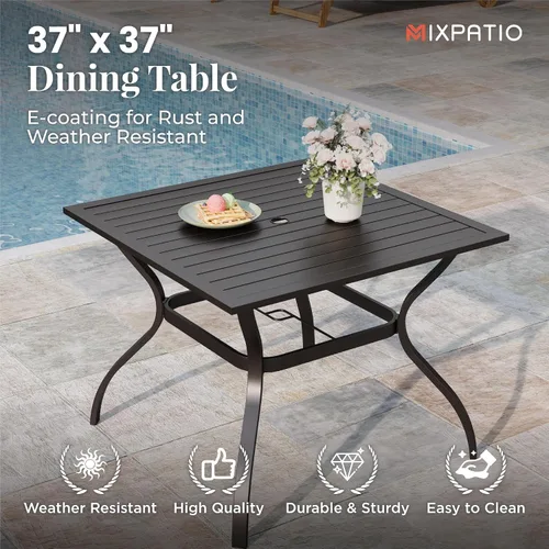 Vista 7 de MIXPATIO - Juego de comedor de patio de 5 piezas, mesa cuadrada de metal de 37 pulgadas, 4 sillas de textileno