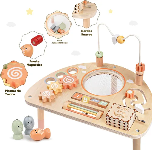Vista 4 de Mesa de Actividad para Niños de 1 Año, Juguetes Montessori para Niñas y Niños de 1 a 2 Años, Regalos, Mesa de Juego Sensorial de Madera 8 en 1