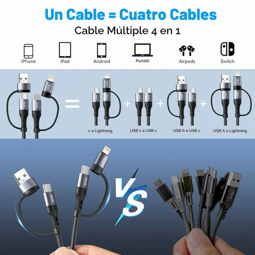 Vista 3 de Cable Lightning en espiral [2 unidades de 4 pies] Cable de carga múltiple 4 en 1 de 60 W, cable de carga rápida retráctil para iPhone