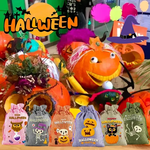 Vista 4 de HIPIHOM 24 bolsas de regalo con cordón de arpillera, bolsas de dulces para decoración de fiesta de Halloween