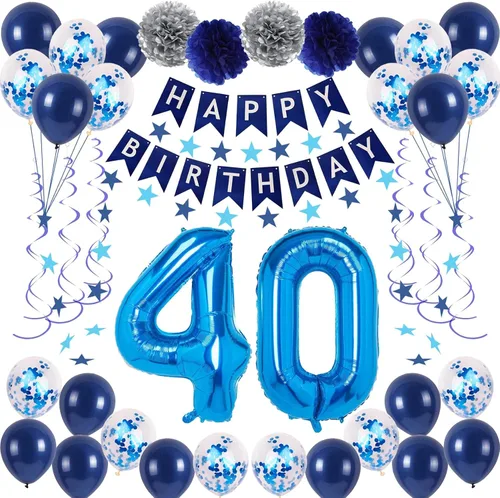 Vista 26 de Decoraciones de fiesta de cumpleaños azul número 29 para hombres y mujeres, suministros de globos de feliz cumpleaños 29 con pancarta de feliz
