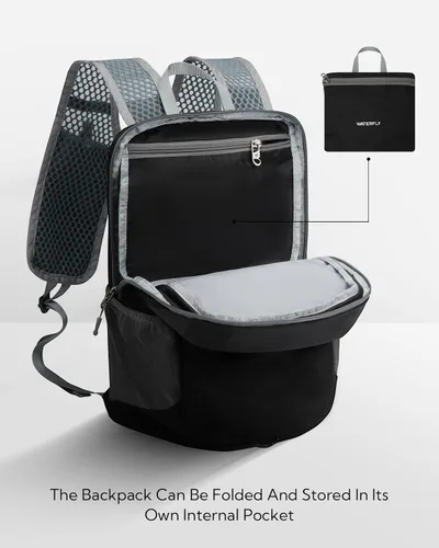 Vista 4 de WATERFLY Mochila pequeña y ligera y plegable: 15L Mini mochila de senderismo plegable - Mochila de día compacta ultraligera para mujeres y hombres