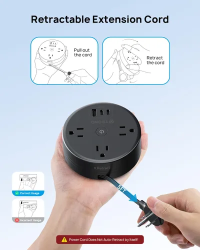 Vista 3 de TROND - Regleta de alimentación con cable de extensión retráctil - Regleta de alimentación de viaje con 3 tomas de CA, 3 puertos USB (2 USB C)