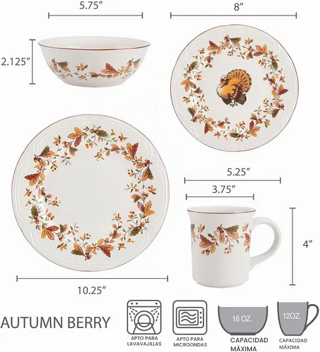 Vista 2 de Pfaltzgraff Autumn Berry - Juego de vajilla de 16 piezas, servicio para 4, multicolor
