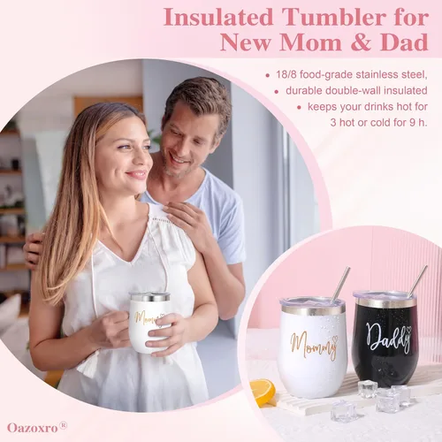 Vista 3 de Regalos para nuevas mamás para mujeres, regalo de embarazo para nuevos padres, regalos de revelación de género con mamá y papá, juego de vasos
