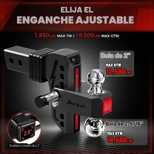 Vista 2 de Enganche de remolque ajustable, se adapta a receptor de 2.5 pulgadas, caída y elevación de 7 pulgadas Negro