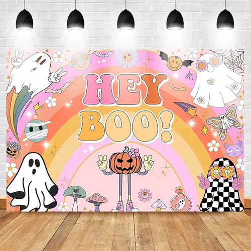 Vista 2 de Mocsicka Hey Boo - Telón de fondo Groovy Rainbow para Halloween, decoración de fiesta de baby shower, fondo lindo de calabazas de Halloween, baby