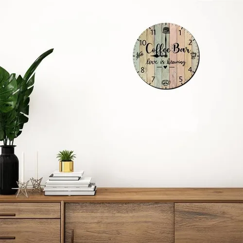 Vista 2 de Reloj de pared para cafetería, decoración de pared, funciona con pilas, sin tictac, cuarzo silencioso, analógico, rústico, rústico, reloj redondo