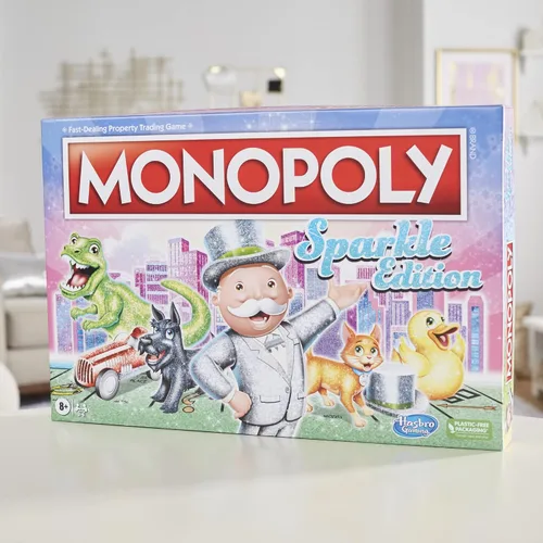 Vista 14 de Hasbro Gaming Monopoly Sparkle Edition Juego de mesa, juegos familiares, con fichas brillantes, dados nacarados, aspecto brillante