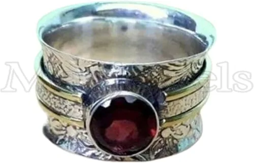 Vista 5 de Gemstone Spinner Ring for Women, 925 Sterling Silver Boho Meditation Band with Amethyst, Moonstone, Opal, Garnet, Gift for Her