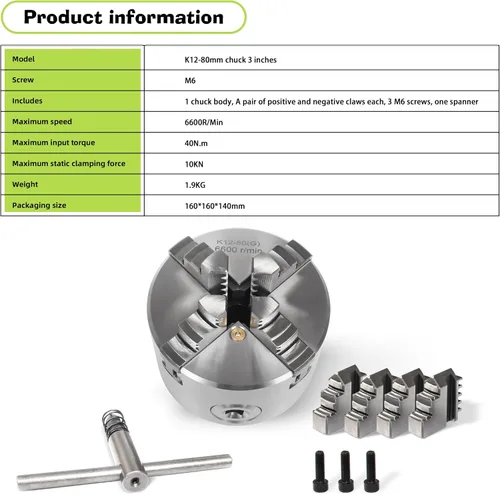 Vista 5 de RATTMMOTOR - Portabrocas de torno de 76 mm de 4 mandíbulas autocentrante de 3" K12-80mm, 6600R/Min 40N.m 10KN, Portabrocas de torno de precisión