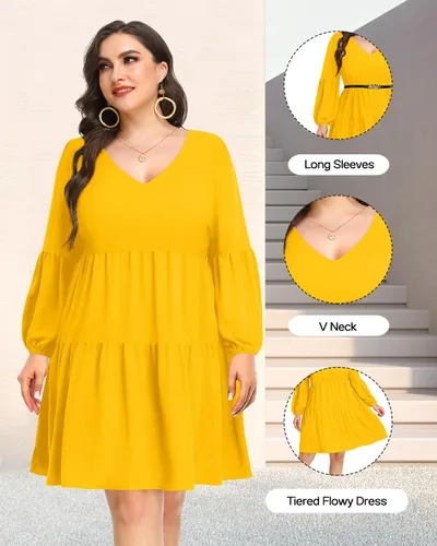 Vista 6 de Pinup Fashion Vestido tipo túnica de otoño para mujer, talla grande, manga larga, cuello en V, casual, holgado, con volantes