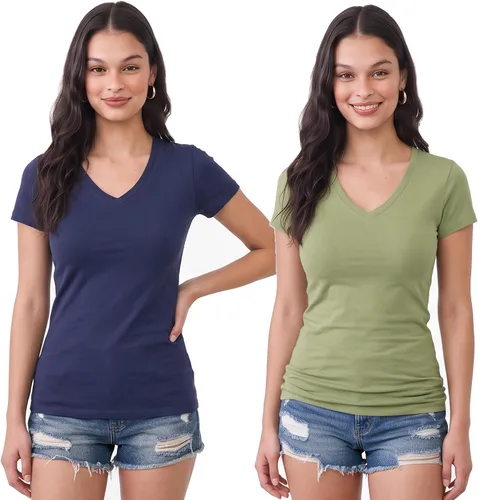 Vista 40 de Emmalise Camiseta de manga corta para mujer, cuello en V, tallas junior y plus