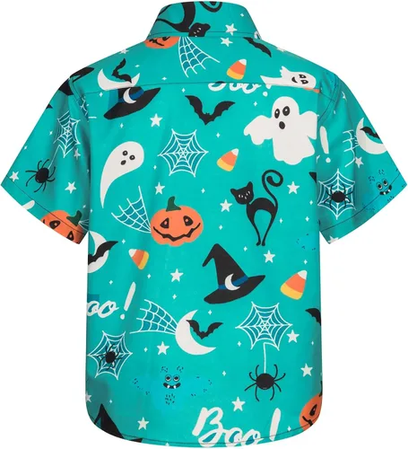 Vista 2 de MOHEZ Camisas de Halloween para niños, con botones, divertidas, calabaza, fantasma, manga corta, camisa hawaiana, vestido de fiesta para niños