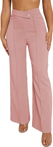 Vista 6 de SweatyRocks Pantalones de pierna ancha Palazzo con costura en la cintura superpuesta para mujer, pantalones largos de cintura alta, pantalones