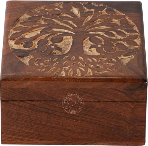 Vista 43 de Urna de madera antigua hecha a mano con grabado del árbol de la vida tallada a mano para mujeres y hombres, joyas Acentos de decoración del hogar