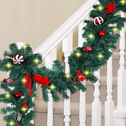 Vista 7 de MorTime Paquete de 2 guirnaldas LED de Navidad de 9 pies con piñas y bayas rojas, bolas de Navidad, guirnalda de Navidad multifunción con 50 luces
