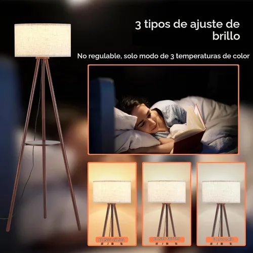 Vista 3 de Lámpara de pie con trípode de madera Baobab Tree Park BTP para sala de estar, bombilla LED de 3 temperaturas de color incluida, lámpara de pie