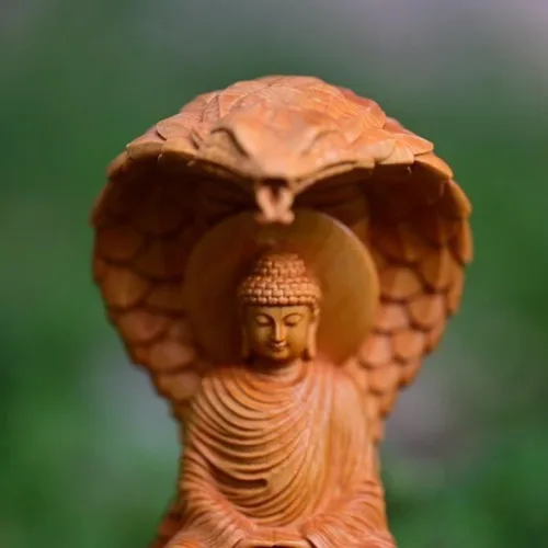 Vista 2 de Estatua de Buda con cabeza de guardián de serpiente, estatua de Buda Shakyamuni de madera de 4.7 pulgadas de alto, estatuas de Buda para decoración